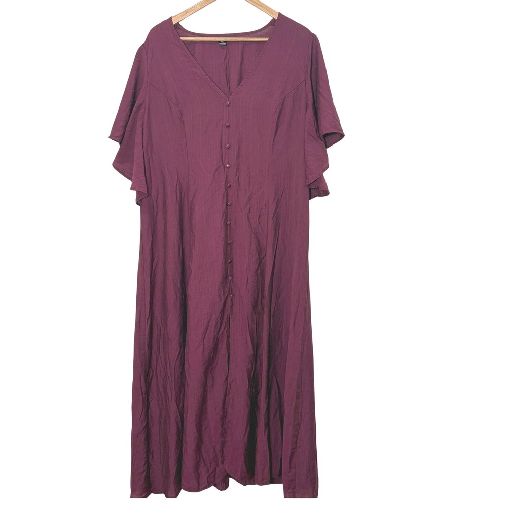 Womens Burgundy Flutter Sleeve Maxi Dress 4XL Boho Relaxed Fit Rayon Lightweight
